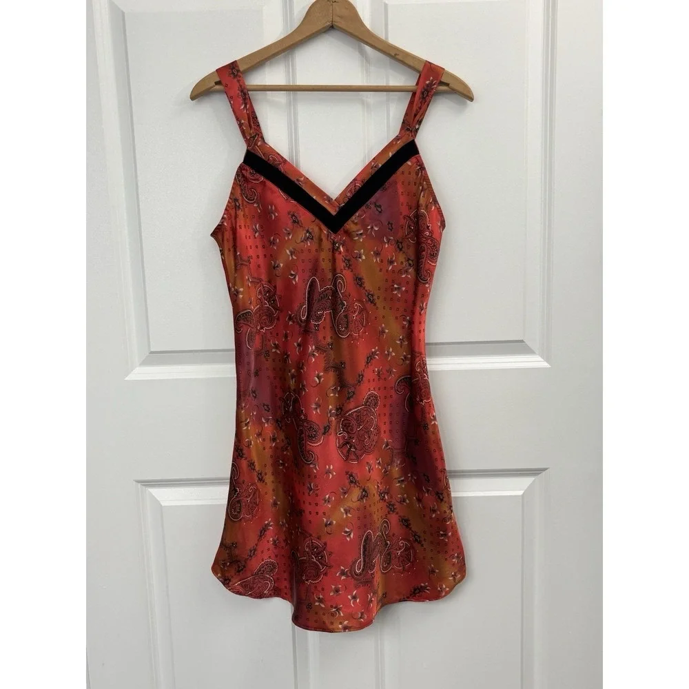 VTG whimsigoth Satin Slip Dress Red Paisley Fairy Grunge Y2K Velvet Trim M 0362 - Picture 2 of 7